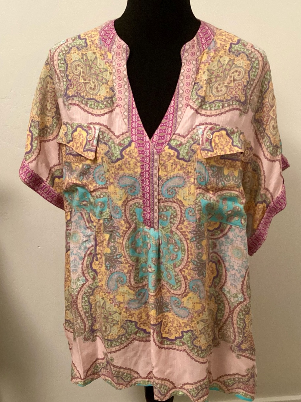 Daytrip Pink Paisley V-Neck Tunic with Teal & Yellow Accents